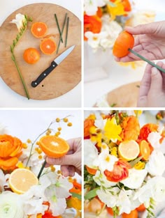 the process of making an orange flower arrangement with flowers and cutting them into smaller pieces