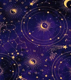 the stars and moon are all drawn in gold on purple background with yellow circles around them