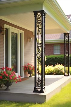 the front porch is decorated with flowers and potted plants on either side of it