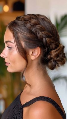 24 Stunning Updos for Long Hair to Rock Any Occasion | Lookosm Braided Low Bun Updo, Wedding Low Bun Hairstyles With Braid, Low Braid Bun Hairstyles, Low Bun With Braid, Hairstyle Low Bun, Sophisticated Updo, Wedding Hairstyles For Women, Bridesmaid Hair Inspo, Braided Hairdo