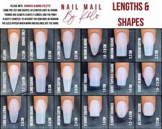 Arcirlyc Nails, Different Nail Shapes And Sizes, Nail Designs For Small Hands, Fake Nails Shapes, Nail Sizes And Shapes, Nail Sizes Shape Chart Short, Acrylic Nail Chart Length, Typing Length Nails, Acrylic Nails Styles Shape