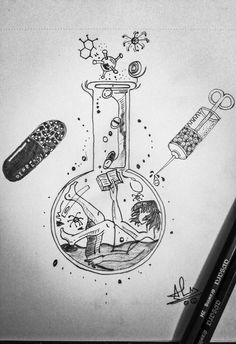 a pencil drawing of an experiment in a flask filled with liquid and other things