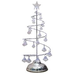 a small silver christmas tree with crystal ornaments on it's branches and hanging from the top