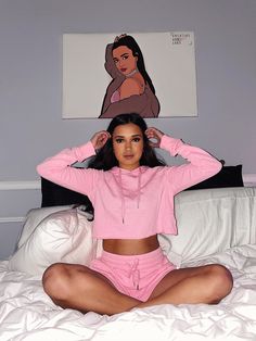 Two Piece Pink Hoodie and Shorts Set Cozy Stretch Hoodie For Loungewear, Pink Comfy Hoodie With Drawstring Hood, Comfy Stretch Hoodie For Loungewear, Comfy Stretch Hoodie, Comfy Stretch Hooded Sweatshirt, Stretch Hooded Hoodie For Loungewear, Winter Hoodie Sweats For Lounging, Casual Pink Hoodie With Drawstring, Pink Comfy Hoodie For Loungewear