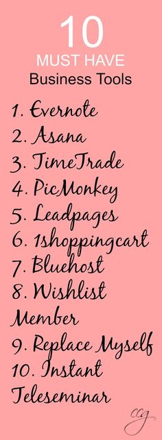 the ten must have business tools list on a pink background with black writing in it