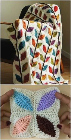 crocheted bags with leaves on them are shown in three different pictures, one is white and the other is multicolored