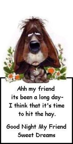 a card with a dog saying, ah my friend its been a long day think that it's time to hit the hay good night my friend sweet dreams