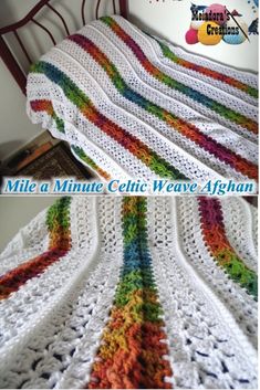 a crocheted blanket that has been made with multicolored yarn and is laying on top of a bed