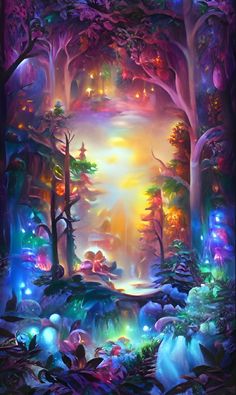 a painting of a forest filled with lots of trees and lights in the middle of it