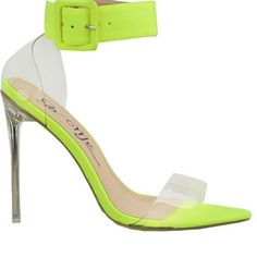 Wrap Adding Around Ankle Big Buckle Strap Closure Lucite Heel Appropriate Heel Height: 4 1/2 Fits True To Size Lime Green Heels For Spring Party, Trendy Green Heels With Buckle Closure, Lime Green Open Toe Party Heels, Lime Green Open Toe Heels For Party, Lime Green Open Toe Heels For Summer, Neon Yellow High Heel Sandals For Party, Neon Yellow Ankle Strap Sandals For Spring, Neon Yellow Open Toe Synthetic Sandals, Neon Yellow Ankle Strap Sandals For Summer