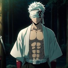 an anime character standing in the woods with his shirt pulled back and no shirt on