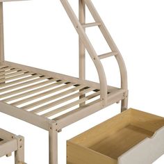 a wooden bed frame with two drawers on the bottom and one drawer below it that is open