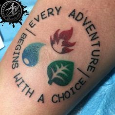 a person with a tattoo on their leg that says, every adventure begins with a choice