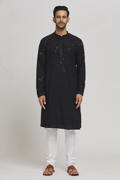 Black cotton kurta with mirror and thread embroidered geometric pattern. Comes with churidar. - Aza Fashions Black Chikankari Chanderi Sherwani, Black Chanderi Sherwani For Navratri, Black Sherwani With Mirror Work, Black Sherwani With Mirror Work For Diwali, Black Sherwani With Mirror Work For Festivals, Transitional Black Kurta With Mirror Work, Festival Black Sherwani With Mirror Work, Black Kurta With Mirror Work For Navratri, Black Kurta With Mirror Work For Eid