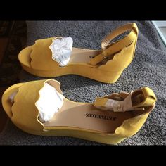 Purchased These Shoes On Poshmark. They Are Marked As A Size 5 1/2 But Fit Like A Size 6. Brand New - Beautiful Shoes. Only Selling Because They Are Too Large For Me. Yellow Flat Platform Sandals, Flat Suede Summer Heels, Yellow Suede Sandals For Summer, Yellow Suede Sandals For Spring, Yellow Open Toe Sandals Medium Width, Yellow Medium Width Open Toe Sandals, Yellow Sandals, Just Fab Shoes, Justfab Shoes