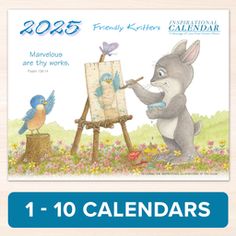 a calendar with an image of a rabbit painting on the easel and birds sitting on it