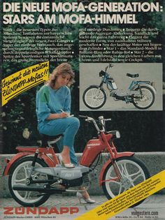 an advertisement for the new moped generation, featuring a woman on a red motorbike