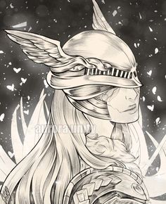 a drawing of a woman wearing a helmet with wings on her head and long hair