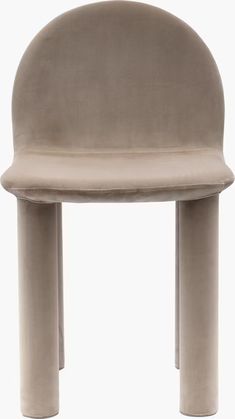 a beige chair with two legs and a curved seat on it's back end