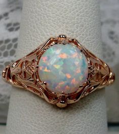 Opal Ring/ Rose Gold Plated Sterling Silver/ Simulated Opal, Victorian Floral Daisy Filigree [Custom Made] Design#66 White Heirloom Filigree Ring With Intricate Design, Heirloom White Filigree Ring With Intricate Design, Victorian Oval Filigree Ring With Intricate Design, Victorian Filigree Ring With Intricate Design, Traditional Oval Filigree Ring With Intricate Design, Vintage White Jewelry For Ceremonial Occasions, Rose Gold Filigree Ring With Intricate Design, Vintage White Filigree Ring With Intricate Design, Antique Filigree Ring With Intricate Design