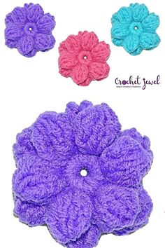 crochet flower pattern for hair scrunffs and headbands in multiple colors