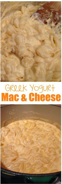 macaroni and cheese is being cooked in a pot with the words, greek yogurt mac & cheese