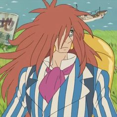 an anime character with long red hair standing in front of a field and looking at the camera