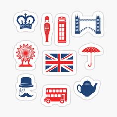 various british symbols stickers on a white background