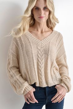 V-neck Cable knit design Mohair-like Relaxed fit Long sleeve 43% nylon, 36% polyester, 21% acrylic Hand wash Approx. 19" long Origins: Imported Style: DJ4R0344 | DKNY Women's Cable Knit V-Neck Sweater in Beige Size XS Fitted Soft Knit V-neck Sweater For Fall, V-neck Knitted Acrylic Tops, V-neck Soft Knit Sweater For Winter, Fitted V-neck Acrylic Sweater, Fitted Textured Knit V-neck Sweater For Winter, Trendy V-neck Knit Top For Fall, Cream Soft Knit V-neck Sweater For Fall, Cream Textured Knit V-neck Top, Fall Pointelle Knit V-neck Top