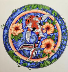 a painting of a fish and flowers on a plate