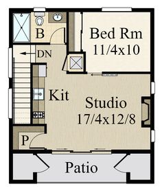 a floor plan for a small house with two bedroom and an attached kitchen, living room and dining area