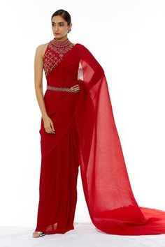 Shop for Kavita Bhartia Red Cotton Pre-draped Saree for Women Online at Aza Fashions Neck Designs For Blouse, Blouse Halter Neck, Stitched Saree, Halter Blouse, Saree For Women, Drape Saree, Embroidered Saree, Embroidery Neck Designs, Red Embroidery