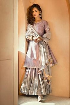 Shop for Matsya Grey Chanderi Silk Kurta Set for Women Online at Aza Fashions Lilac And Sage, Green Sharara, Dabka Work, Sharara Pants, Lilac Grey, Desi Clothes, Sharara Set, Embroidered Neckline, Indian Fashion Designers