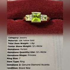 Solid 10k Yellow Gold Ring With Natural Peridot And Diamonds. Size 7, Sizable. New, Unused. Yellow Multi-stone Diamond Ring In Fine Jewelry Style, Yellow Multi-stone Diamond Ring Fine Jewelry, Fine Jewelry Yellow Multi-stone Diamond Ring, Formal Yellow Multi-stone Diamond Ring, Fine Jewelry Yellow Multi-stone Rings, Yellow Multi-stone Rings For Formal Occasions, Formal Yellow Multi-stone Rings, Formal Yellow Multi-stone Jewelry, Fine Jewelry Yellow Gemstones For Wedding