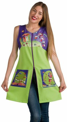 a woman wearing a green vest with cartoon characters on the front and side, smiling at the camera