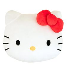 a white hello kitty pillow with a red bow on it's head and eyes