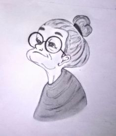 a drawing of a woman with glasses and a ponytail in her hair is drawn on paper