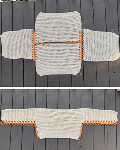 two pictures of the same chair with orange and white stitching