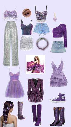 a collage of various outfits and shoes for barbie dolls, including one in purple