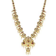 Virani Jewelers introduces a 22k antique gold temple necklace that celebrates the rich tradition of Indian jewelry. With its radiant rubies, emeralds, and sparkling cubic zirconia, this beautiful 22k gold necklace embodies the perfect harmony of color and craftsmanship. The antique finish adds a unique charm, making this piece of Indian gold jewelry a timeless addition to your collection. Whether worn for festive events or formal gatherings, this necklace offers a sophisticated and elegant statement of luxury.Features• 22k yellow gold• Antique finish• Engraved details• Ruby • Pearl• Cubic zirconiaSpecifications:• Minimum Width - 4.5 millimeters• Maximum Width - 60 millimeters• Length - 28 inches• Weight - 94.9 grams Luxury Gold Temple Necklace For Statement Jewelry, Luxury Elegant Temple Necklace For Festivals, Luxury Ruby Temple Necklace With 17 Jewels, Light Weight Guttapusalu Necklace Gold, Luxury Traditional Temple Necklace With Cutdana, Luxury Traditional Temple Necklace, Luxury Traditional Yellow Temple Necklace, Luxury Yellow Gold Temple Necklace For Festivals, Luxury Temple Necklace For Festivals