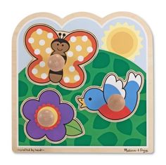 a wooden puzzle with two birds and a butterfly