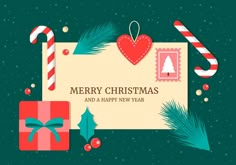 merry christmas and a happy new year greeting card with gift boxes, candy canes and fir tree branches