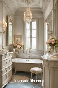 an elegant bathroom with chandelier and tub