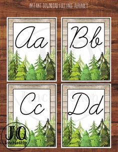 four watercolor pine trees with the letters c, b, and d on them