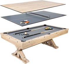 two tables with ping pong paddles and pool balls