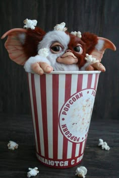 a stuffed animal is sitting in a popcorn cup