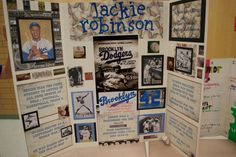 a baseball themed display with posters and photos