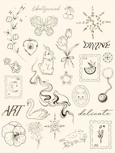 an old fashioned drawing of various flowers and stamps