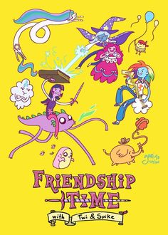 an image of cartoon characters on a yellow background with words that read, friends time