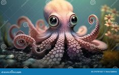 an octopus with big eyes is sitting on the rocks and looking at something in the distance